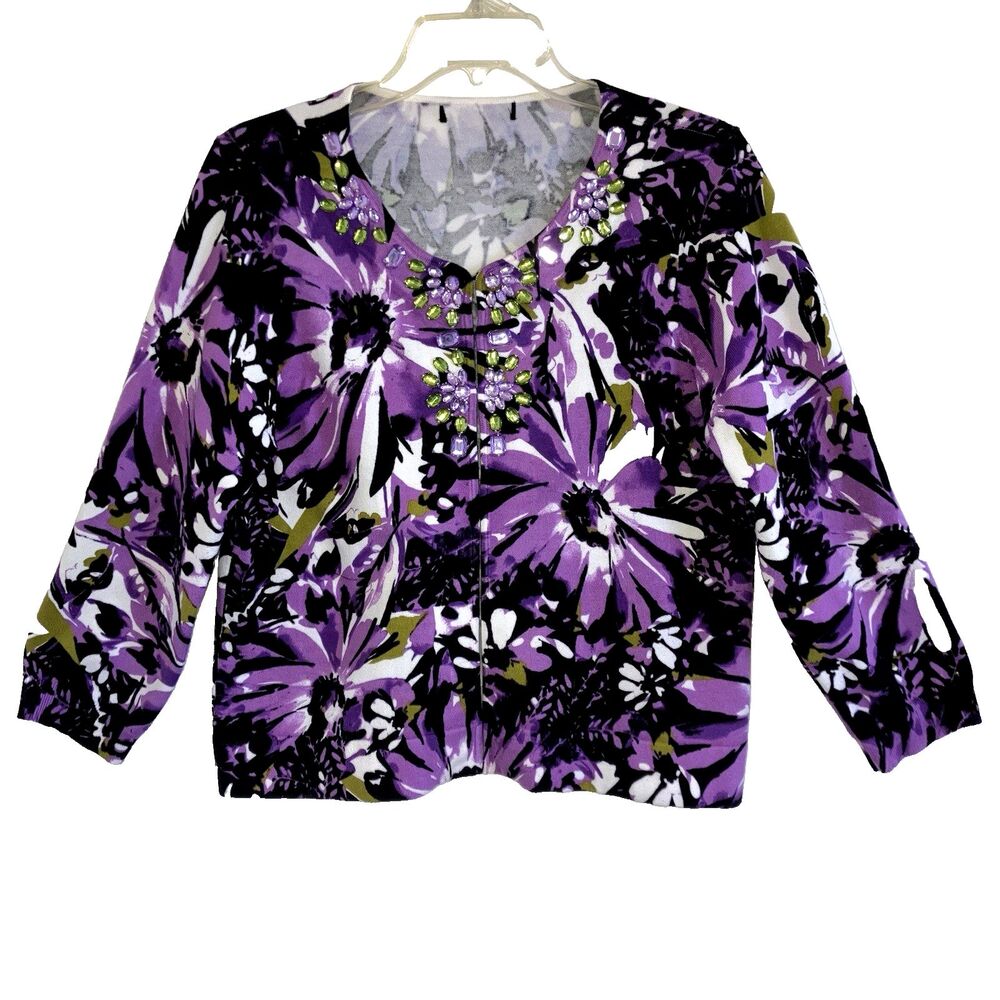 STYLE & CO sz L Purple Floral Rhinestone Smooth Knit Cardigan Top Green